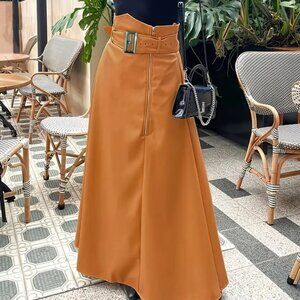 Brown Hi-Waist Maxi Skirt With Belt And Long Zipper